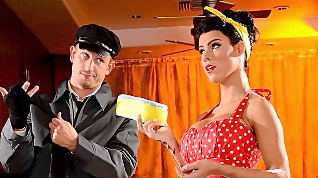 Stunning fake-boobed doll Peta Jensen takes a big penis