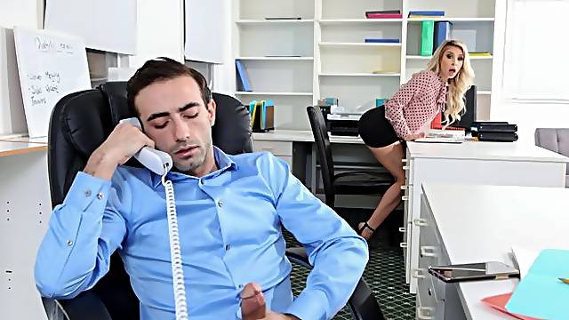 Beautiful stepmom Carmen Caliente rides a huge dick in the office