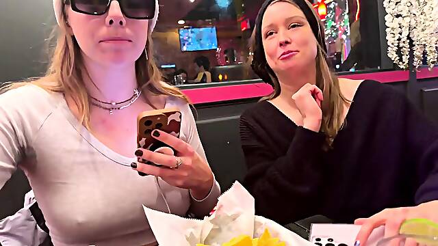 Blonde and brunette lesbians stripping and making out