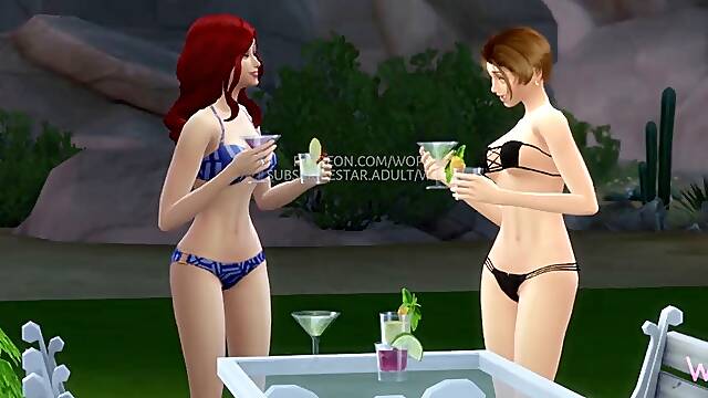 Two friends having hot sex in the pool, rubbing their pussies