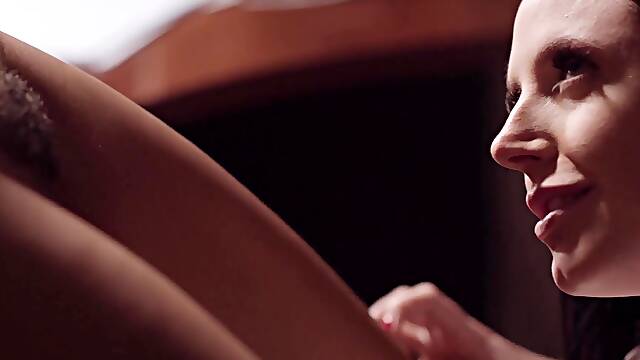 Black lesbians Jenna Foxx spreads her legs on the table for an erotic pussy licking by Angela White