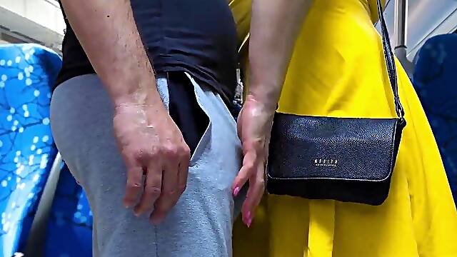 Sensed Inwards Bus! Stranger BLOWS A LOAD Rock-hard While She Stroke His Long Bone