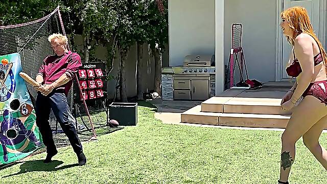 Big-booty redhead MILF plays ball with her stepson's huge white cock