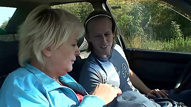 Hitchhiking 80 yo blonde granny riding his dick