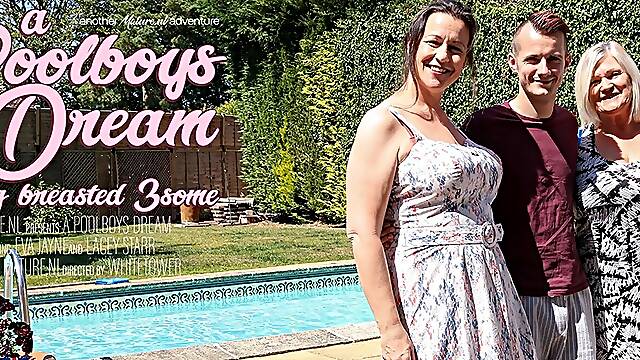 Eva Jayne and Lacey Starr are two big breasted cougars that love to share the poolboy