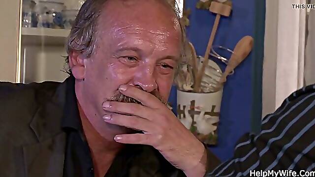 Slutty brunette wife sucks and fucks old man's buddy