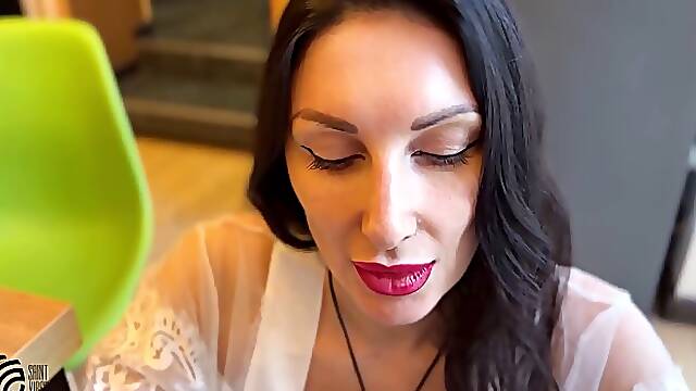 Big boobs brunette MILF gives POV blowjob after drinking champagne