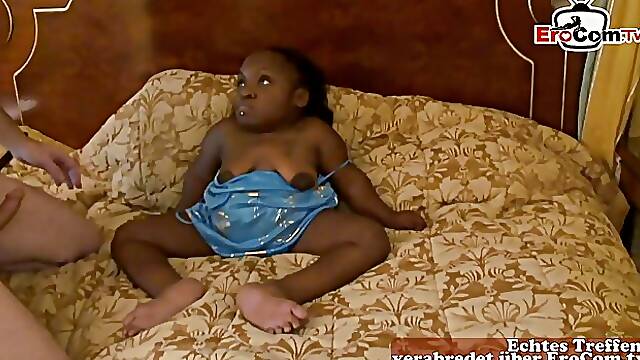 Amateur black midget MILF gets fucked by young white guy