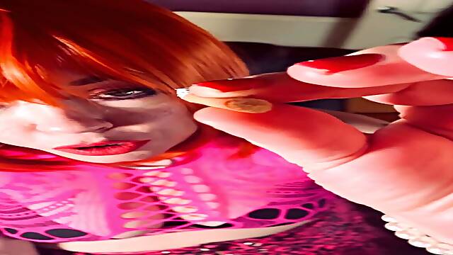 Ginger BBW cutie Tina Snua smokes a cork cigarette in an OMI and OME setting