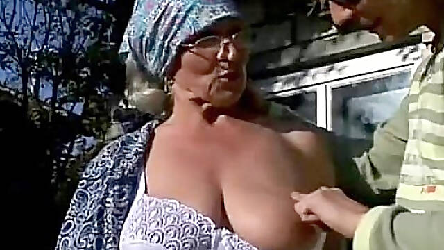 Granny Gets Reamed By Young Stud Outdoors