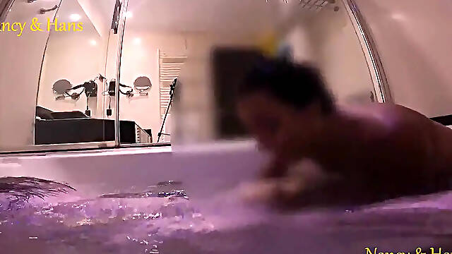 Sultry MILF Latina Nancy gives a blowjob while Hans rides her in a bubble bath