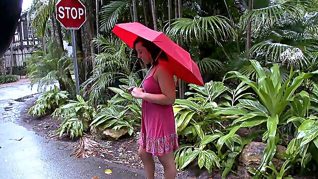 Chick Gets Caught In The Rain So Takes A Ride