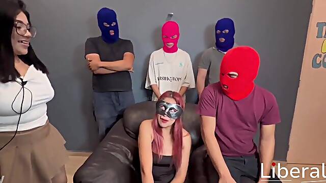 Slender hotwife playing spin the bottle with singles and her cuckold spouse, sucking everybody's shlong