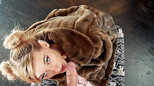 Babe In Furry Coat Sucks Your Dong and Takes a Giant Facial