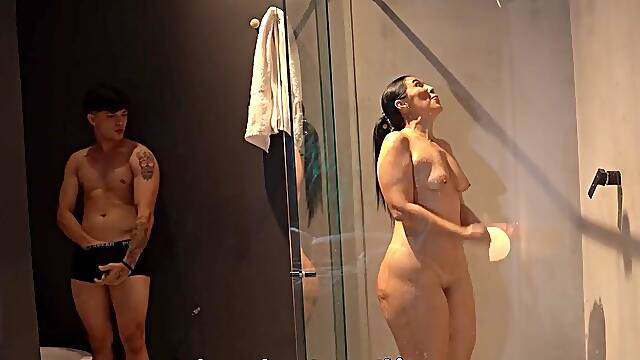 Large-assed stepmother comes without the bath undressed after her stepson plays a prank on her