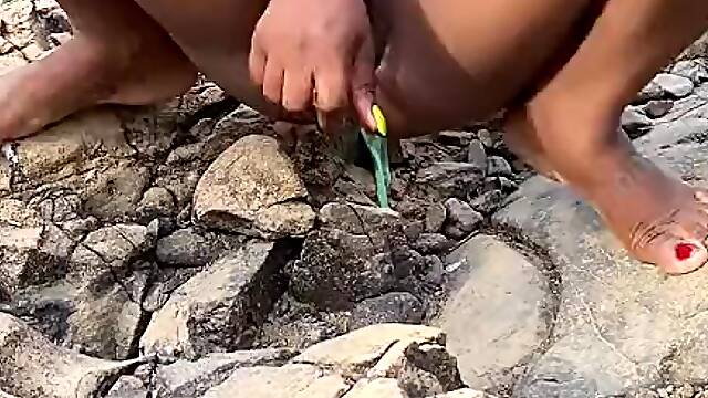 Black Bangs Creamy Cunt by a stream & SQUIRTs