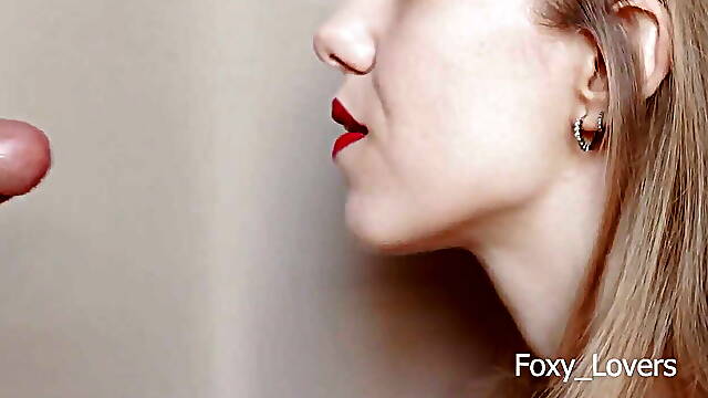 Housewife Gave Me First Time Red Lipstick Blowjob with Huge Cum Swallow, Extreme Closeup