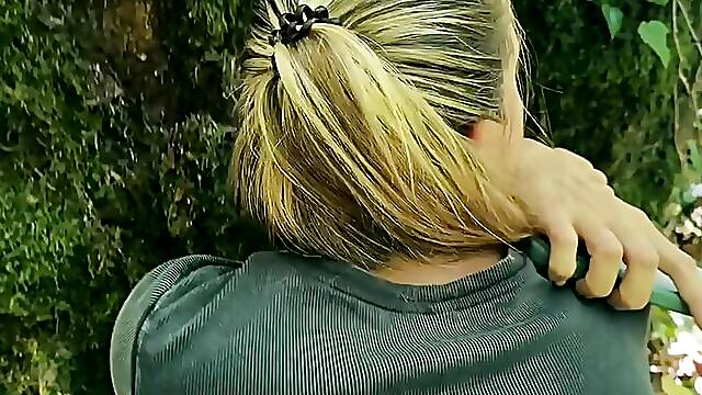 In the woods took off a hikers panties and filled her pussy with cum.