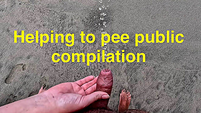 Girl helps to hold the dick while peeing public