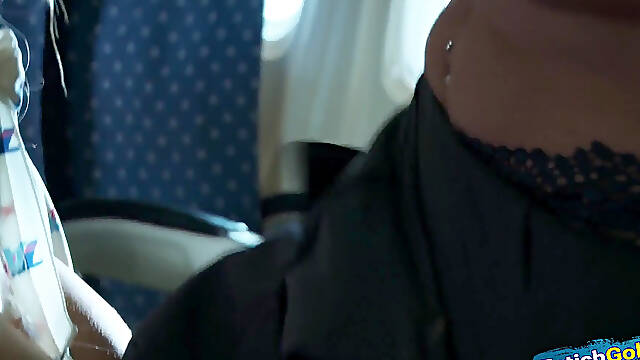 Two busty stewardesses have naughty lesbian fun in the airplane