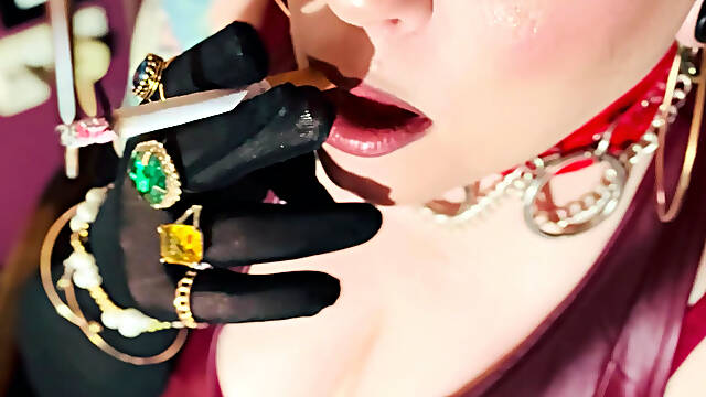 Red Leather &amp; Cigarettes! Tina Snua Smoking A Cigarette Wearing Black Sheer Gloves &amp; Jewelry