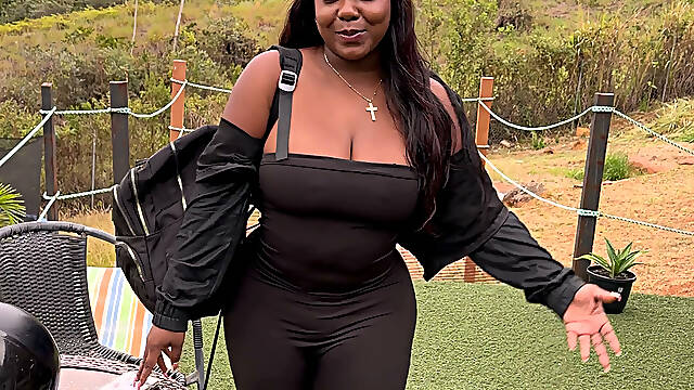 Busty brunette cheats on her husband with the owner of the cabin