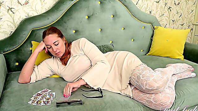 45yo Busty Redhead MILF Marta Masturbates in White Stockings