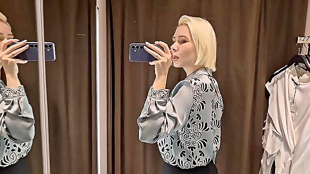 Amateur blonde MyCandyAlice tries on big tits in fitting room