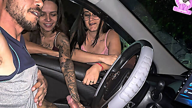 Two Hot Girls Caught Him Masturbating Inside the Car and Helped Him Cum