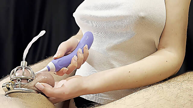 She Brought Cuckold to Orgasm Even in the Chastity Cage