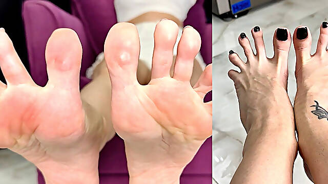 Long Toes Spreading, Toe Spread Close Ups in Two Different Angles, Bare Feet with Black Toenails Polish