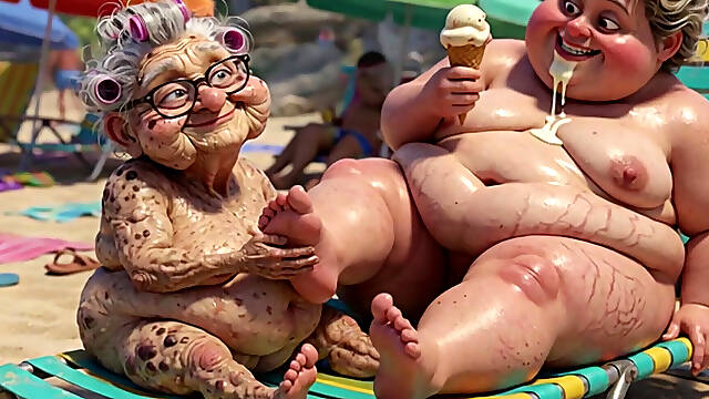Elderly Granny Passionately Sucking BBW Feet on the Beach
