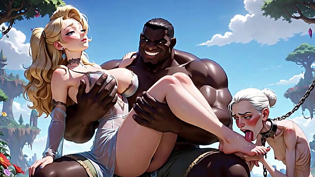 Old Granny Humiliated Licking Young Woman Feet - Sitting on Muscular Black Bull Lap