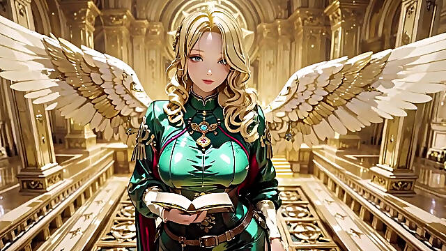 Blonde Angel Queen! Sacred Kneeling in a Grand Cathedral, the Green Robe Barely Hiding Her Soft Curves