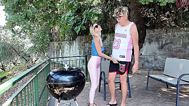 Distressed Stepaunt Seduces and Fucks Virgin Stepnephew to Convince Him to Help Her with the Bbq Before the Guests Arrive